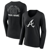Atlanta Braves Women's Monochrome Personalized Name & Number Long Sleeve V-Neck T-Shirt - Black
