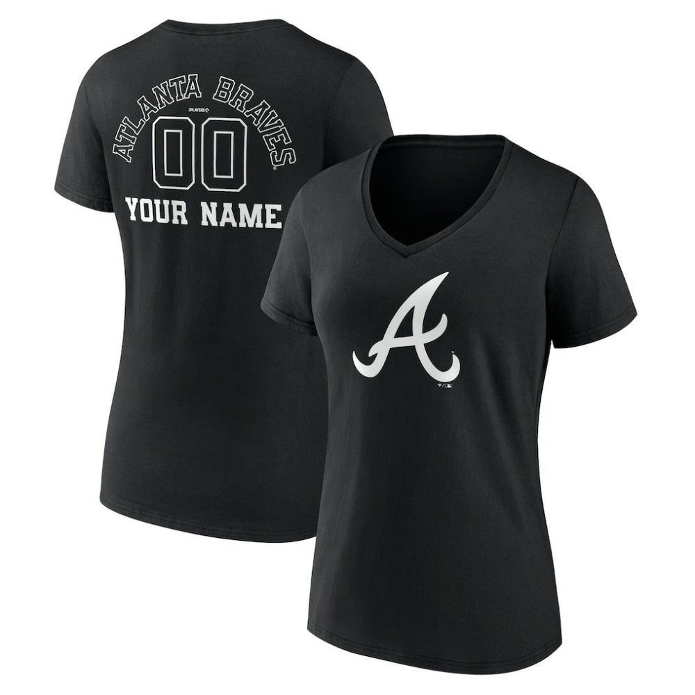 Atlanta Braves Women's Monochrome Personalized Name & Number V-Neck T-Shirt - Black
