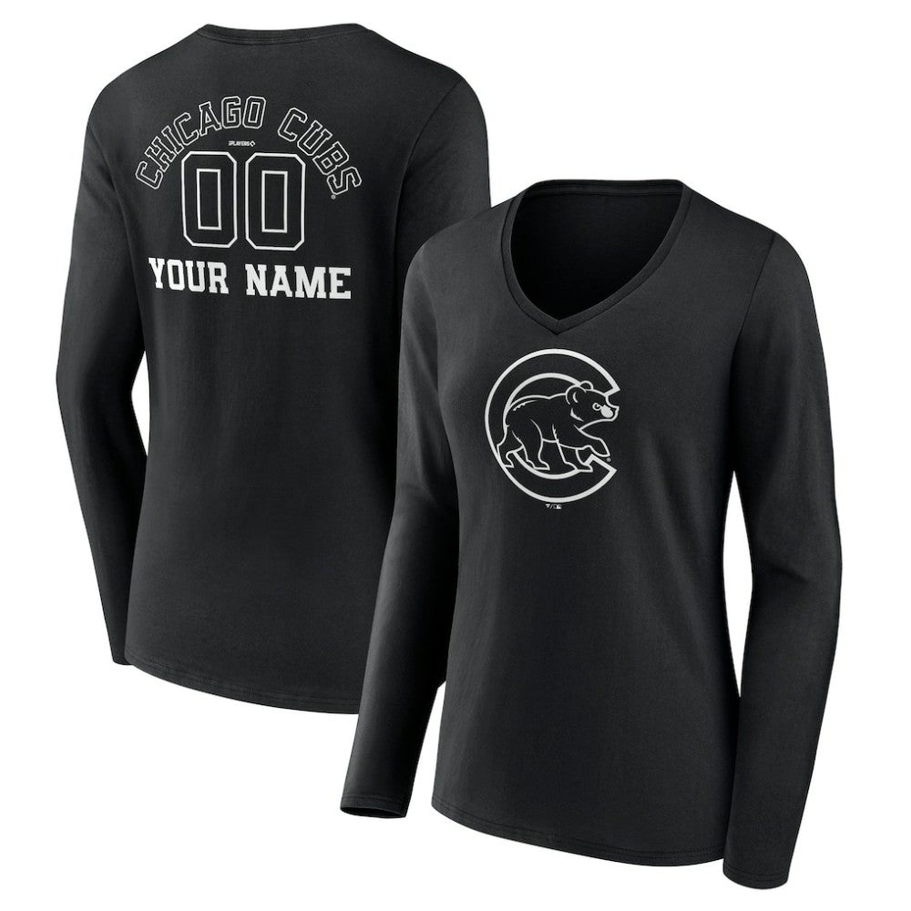 Chicago Cubs Women's Monochrome Personalized Name & Number Long Sleeve V-Neck T-Shirt - Black