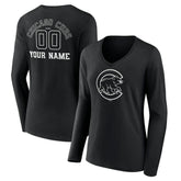 Chicago Cubs Women's Monochrome Personalized Name & Number Long Sleeve V-Neck T-Shirt - Black