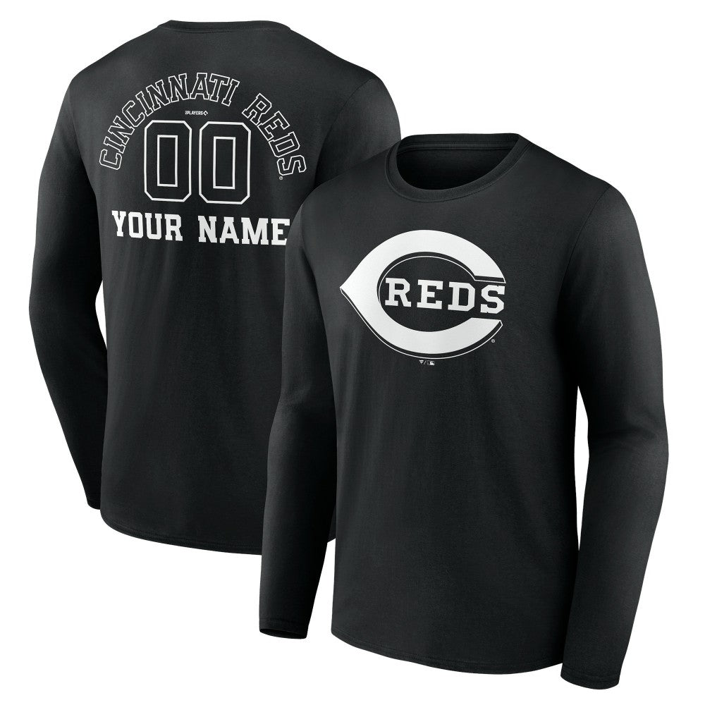 Cincinnati Reds Monochrome Personalized Name & Number Long Sleeve T-Shirt - Black