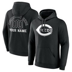 Cincinnati Reds Monochrome Personalized Name & Number Pullover Hoodie - Black