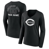 Cincinnati Reds Women's Monochrome Personalized Name & Number Long Sleeve V-Neck T-Shirt - Black