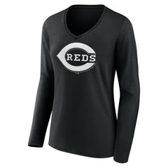 Cincinnati Reds Women's Monochrome Personalized Name & Number Long Sleeve V-Neck T-Shirt - Black