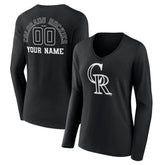 Colorado Rockies Women's Monochrome Personalized Name & Number Long Sleeve V-Neck T-Shirt - Black