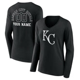 Kansas City Royals Women's Monochrome Personalized Name & Number Long Sleeve V-Neck T-Shirt - Black