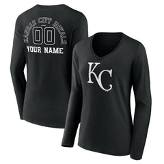 Kansas City Royals Women's Monochrome Personalized Name & Number Long Sleeve V-Neck T-Shirt - Black