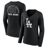 Los Angeles Dodgers Women's Monochrome Personalized Name & Number Long Sleeve V-Neck T-Shirt - Black