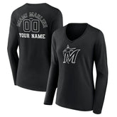 Miami Marlins Women's Monochrome Personalized Name & Number Long Sleeve V-Neck T-Shirt - Black