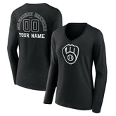 Milwaukee Brewers Women's Monochrome Personalized Name & Number Long Sleeve V-Neck T-Shirt - Black