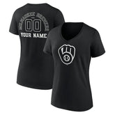 Milwaukee Brewers Women's Monochrome Personalized Name & Number V-Neck T-Shirt - Black