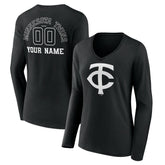 Minnesota Twins Women's Monochrome Personalized Name & Number Long Sleeve V-Neck T-Shirt - Black