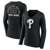 Philadelphia Phillies Women's Monochrome Personalized Name & Number Long Sleeve V-Neck T-Shirt - Black