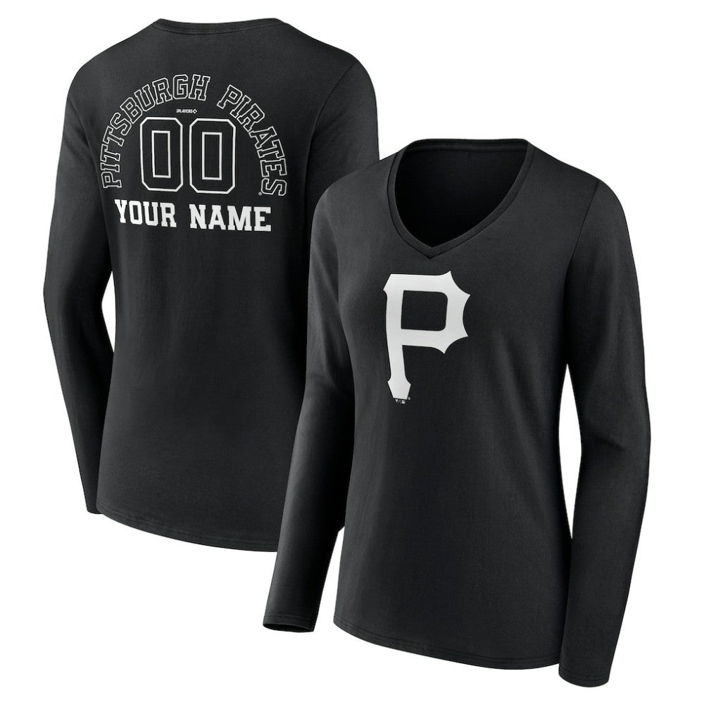 Pittsburgh Pirates Women's Monochrome Personalized Name & Number Long Sleeve V-Neck T-Shirt - Black
