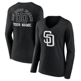 San Diego Padres Women's Monochrome Personalized Name & Number Long Sleeve V-Neck T-Shirt - Black
