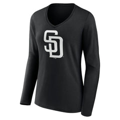 San Diego Padres Women's Monochrome Personalized Name & Number Long Sleeve V-Neck T-Shirt - Black
