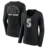 Seattle Mariners Women's Monochrome Personalized Name & Number Long Sleeve V-Neck T-Shirt - Black