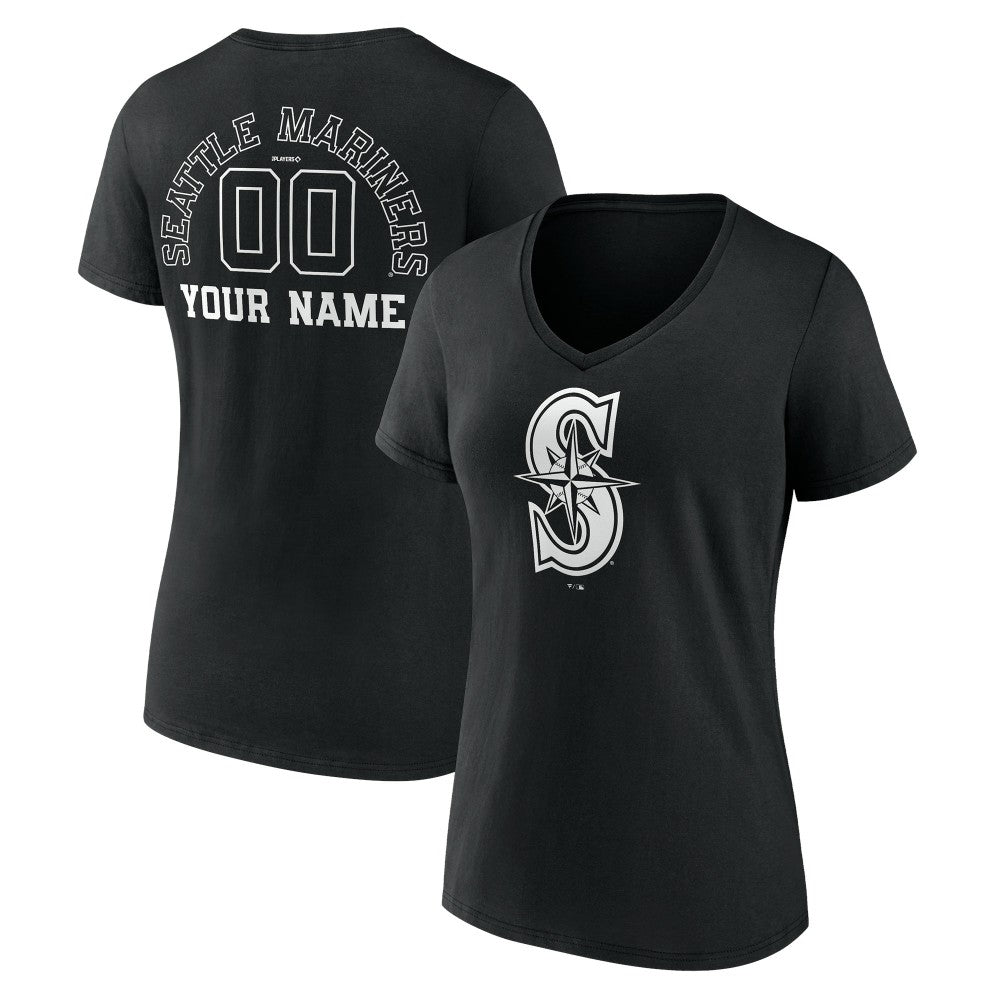 Seattle Mariners Women's Monochrome Personalized Name & Number V-Neck T-Shirt - Black