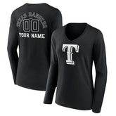 Texas Rangers Women's Monochrome Personalized Name & Number Long Sleeve V-Neck T-Shirt - Black