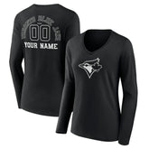 Toronto Blue Jays Women's Monochrome Personalized Name & Number Long Sleeve V-Neck T-Shirt - Black