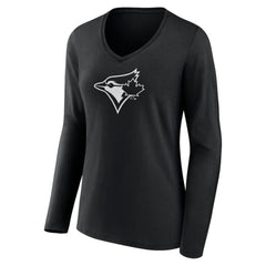 Toronto Blue Jays Women's Monochrome Personalized Name & Number Long Sleeve V-Neck T-Shirt - Black