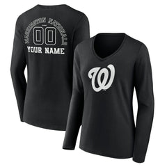 Washington Nationals Women's Monochrome Personalized Name & Number Long Sleeve V-Neck T-Shirt - Black