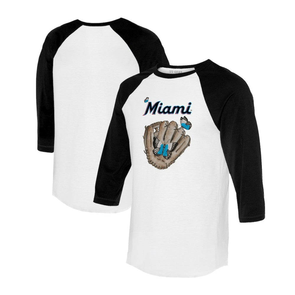 Miami Marlins Tiny Turnip Unisex Butterfly Glove 3/4-Sleeve Raglan T-Shirt - White/Black