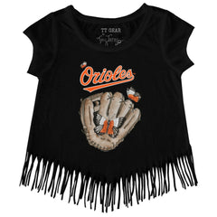 Baltimore Orioles Tiny Turnip Girls Youth Butterfly Glove Fringe T-Shirt - Black