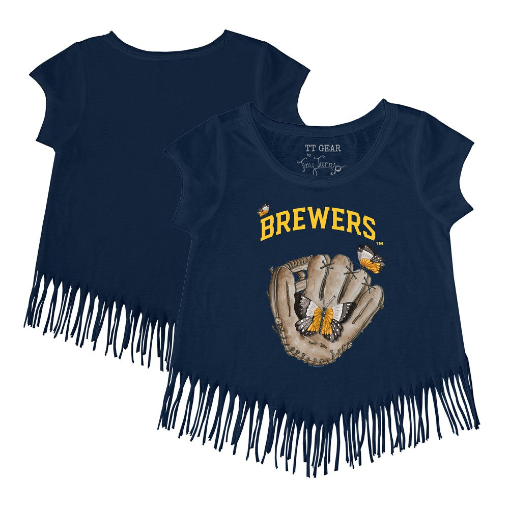 Milwaukee Brewers Tiny Turnip Girls Youth Butterfly Glove Fringe T-Shirt - Navy