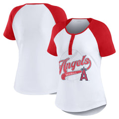 Los Angeles Angels WEAR by Erin Andrews Women's Fitted Henley Raglan T-Shirt - White/Red