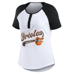 Baltimore Orioles WEAR by Erin Andrews Women's Fitted Henley Raglan T-Shirt - White/Black