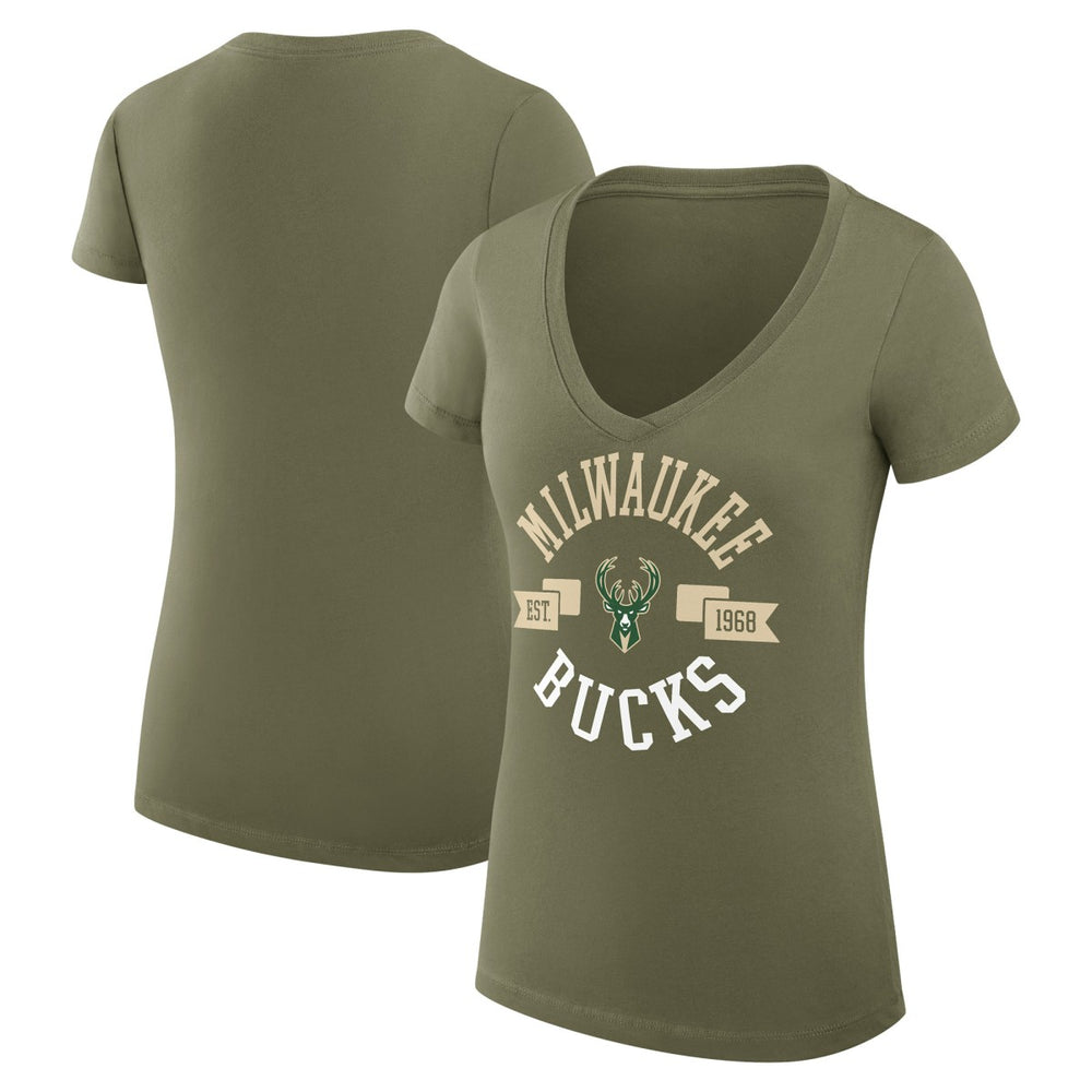 Milwaukee Bucks G-III 4Her by Carl Banks Women's Super-Slim Fit Lightweight Large City Logo V-Neck T-Shirt - Olive outlet
