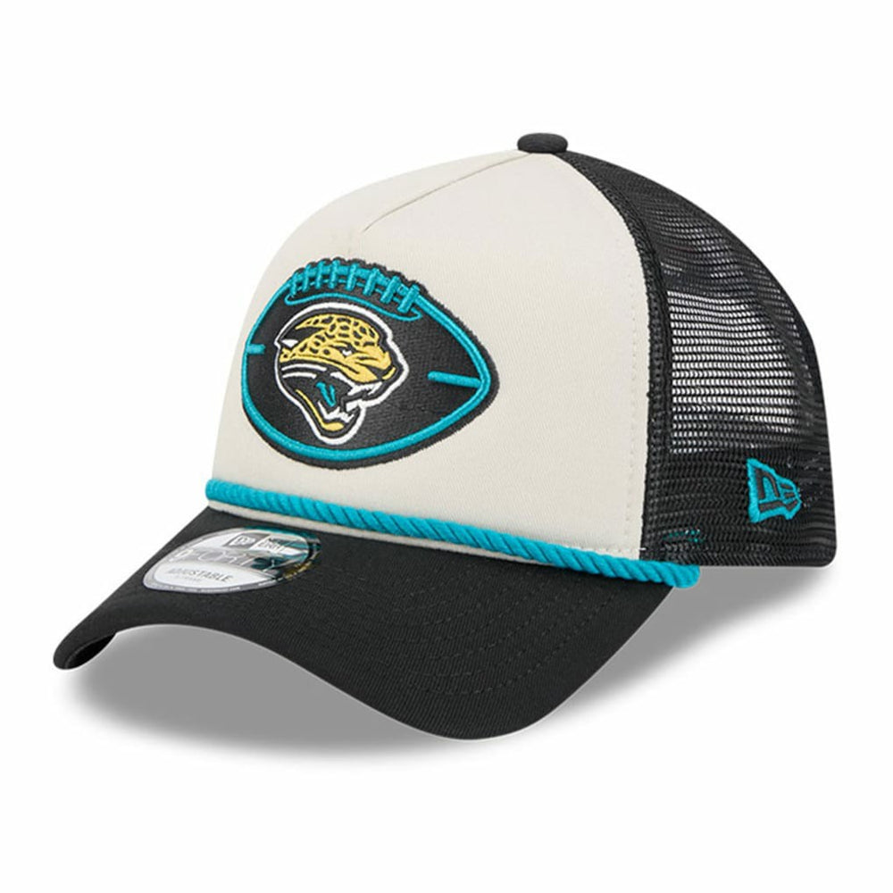 Jacksonville Jaguars New Era 2024 Sideline Historic 9FORTY A-Frame Trucker Adjustable Hat - Stone/Black outlet