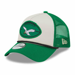 Philadelphia Eagles New Era 2024 Sideline Historic 9FORTY A-Frame Trucker Adjustable Hat - Stone/Kelly Green on sale