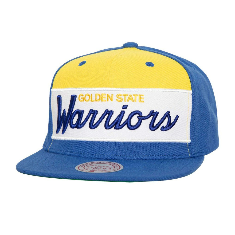 Golden State Warriors Retro Sport Color Block Script Snapback Hat sale - White/Royal | Mitchell & Ness outlet