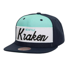 Seattle Kraken Mitchell & Ness Retro Script Colorblock Snapback Hat Deep Sea Blue
