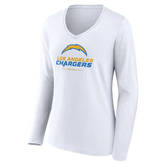 Los Angeles Chargers Women's Team Lockup Long Sleeve V-Neck T-Shirt - White on sale