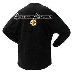 Boston Bruins Fanatics Women's 100th Anniversary Sparkle Spirit Jersey T-Shirt Black