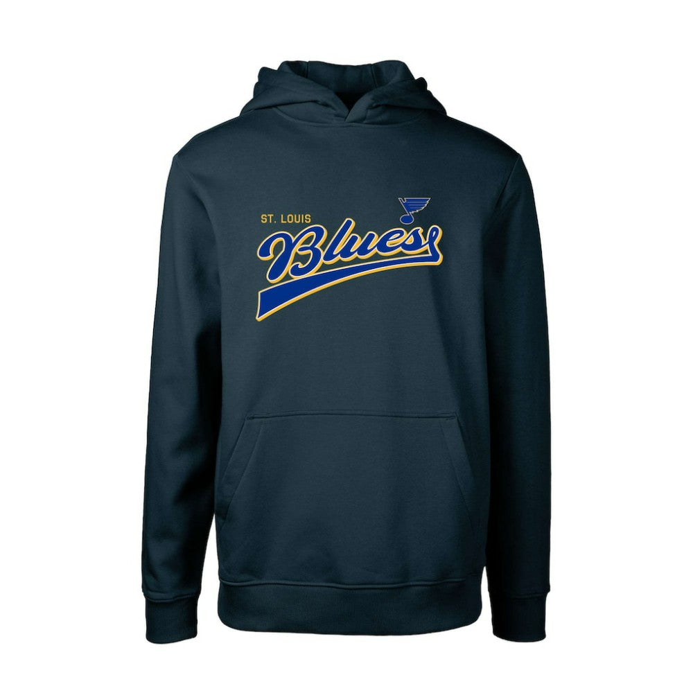 St. Louis Blues Levelwear Youth Podium Retro Script Fleece Pullover Hoodie Navy