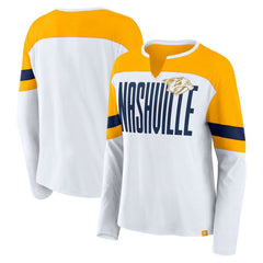 Nashville Predators Fanatics Women's Frozen Long Sleeve Notch Neck T-Shirt White/Gold