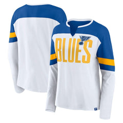 St. Louis Blues Fanatics Women's Frozen Long Sleeve Notch Neck T-Shirt White/Blue