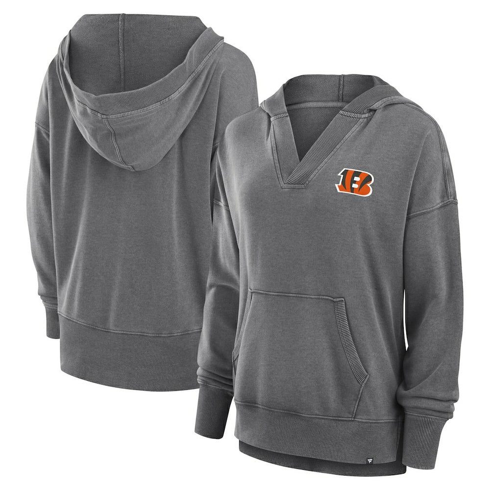 Cincinnati Bengals Women's Initiative Snow Wash French Terry V-Neck Pullover Hoodie - Heather Charcoal for sale