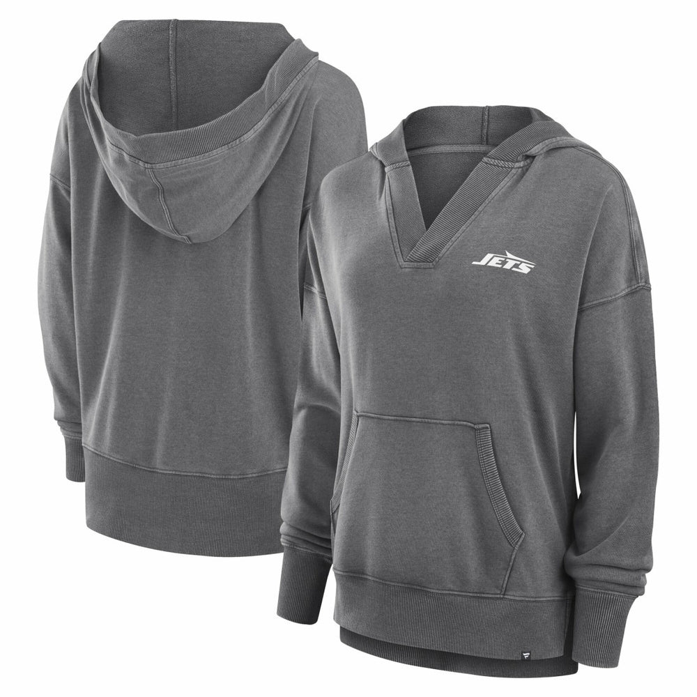 New York Jets Women's Initiative Snow Wash French Terry V-Neck Pullover Hoodie - Heather Charcoal cheap