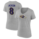Lamar Jackson Baltimore Ravens Women's Icon Player Name & Number V-Neck T-Shirt - Gray on sale