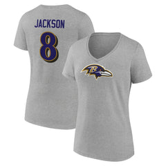 Lamar Jackson Baltimore Ravens Women's Icon Player Name & Number V-Neck T-Shirt - Gray on sale