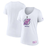 New Jersey Devils Fanatics Women's 2024 Hockey Fights Cancer V-Neck T-Shirt White