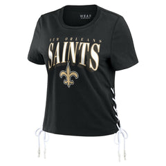 New Orleans Saints WEAR by Erin Andrews Women's Lace Up Side Modest Cropped T-Shirt - Black sale