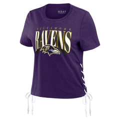 Baltimore Ravens WEAR by Erin Andrews Women's Lace Up Side Modest Cropped T-Shirt - Purple for sale