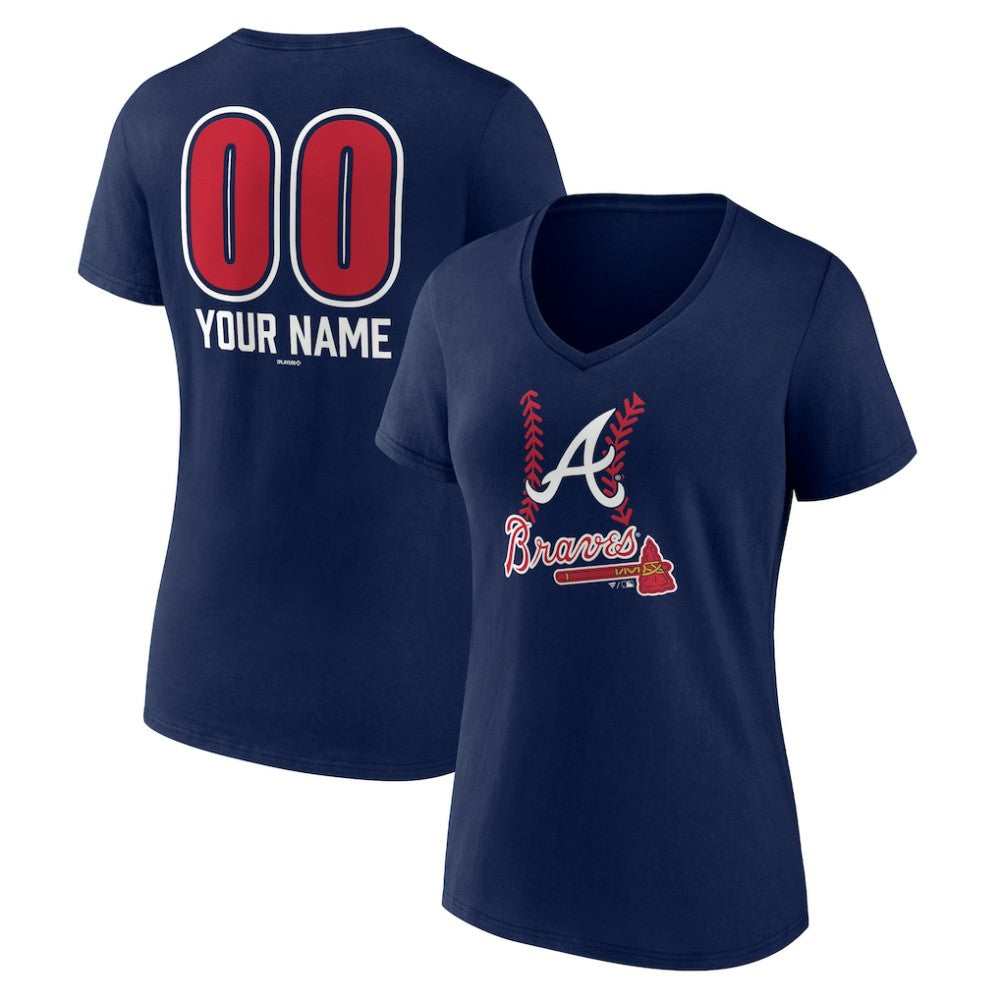 Atlanta Braves Women's Personalized Name & Number Fastball V-Neck T-Shirt - Navy