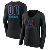 Miami Marlins Women's Personalized Name & Number Fastball Long Sleeve V-Neck T-Shirt - Black